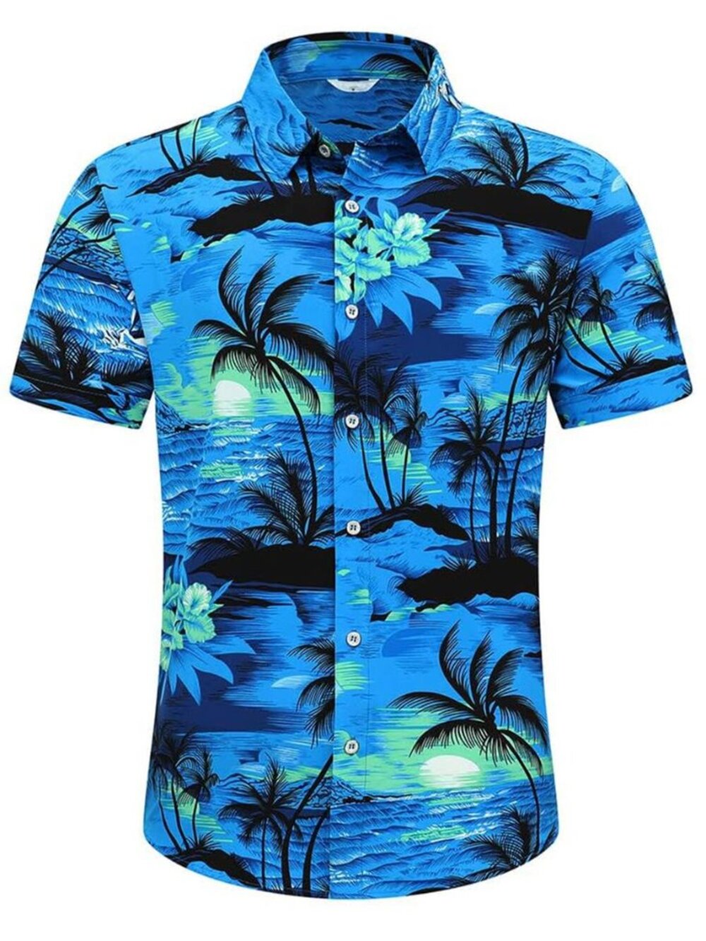 Mens Hawaiian Shirt Short Sleeve Button Down Beach Tropical Floral Palm Blue